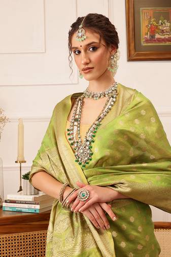 Green Floral Zari Woven Tissue Saree