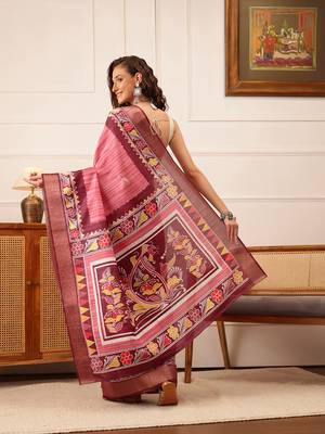 Pink Floral Digital Print Kotha Silk Blend Saree 3