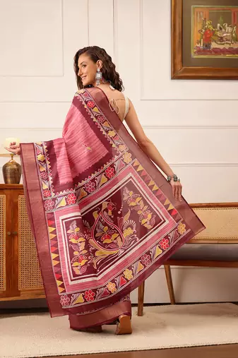 Pink Floral Digital Print Kotha Silk Blend Saree