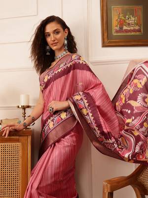 Pink Floral Digital Print Kotha Silk Blend Saree 4
