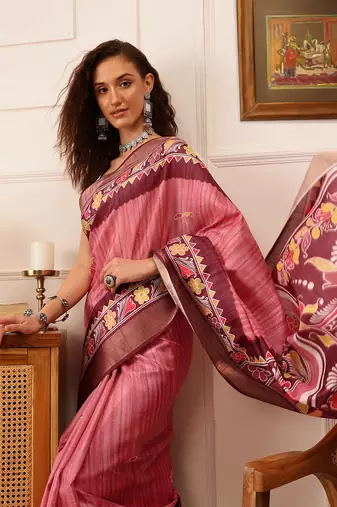 Pink Floral Digital Print Kotha Silk Blend Saree