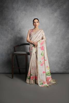 Cream Multi color lotus flower Printed work Tussar silk blend saree with Blouse 1