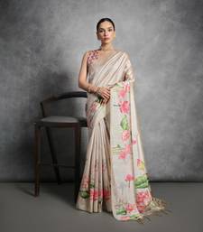 Cream Multi color lotus flower Printed work Tussar silk blend saree with Blouse