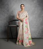 Cream Multi color lotus flower Printed work Tussar silk blend saree with Blouse