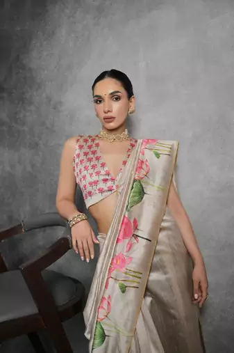 Cream Multi color lotus flower Printed work Tussar silk blend saree with Blouse