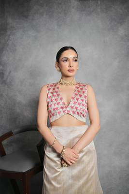 Cream Multi color lotus flower Printed work Tussar silk blend saree with Blouse 4