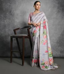 Grey Multi color lotus flower Printed work Tussar silk blend saree with Blouse