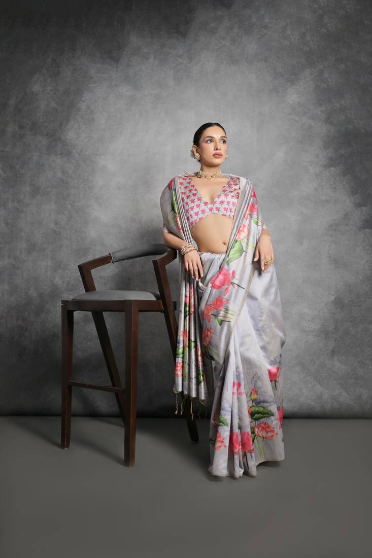 Grey Multi color lotus flower Printed work Tussar silk blend saree with Blouse