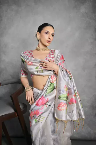 Grey Multi color lotus flower Printed work Tussar silk blend saree with Blouse