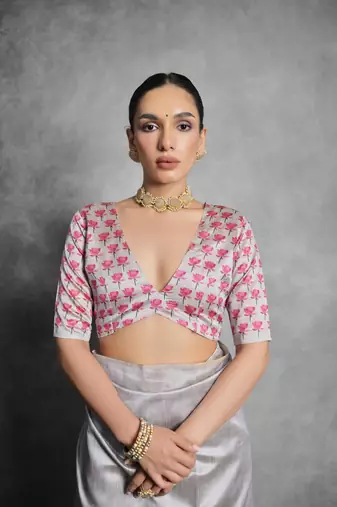 Grey Multi color lotus flower Printed work Tussar silk blend saree with Blouse