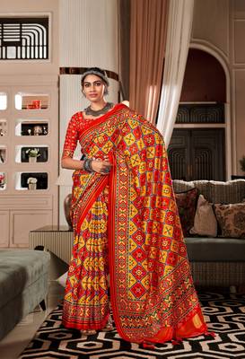 Red & Yellow Designer Printed Tusser silk blend Patola Saree With Blouse 1