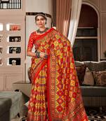 Red & Yellow Designer Printed Tusser silk blend Patola Saree With Blouse