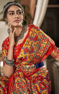 Red & Yellow Designer Printed Tusser silk blend Patola Saree With Blouse 2
