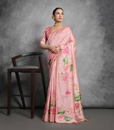 Peach Multi color lotus flower Printed work Tussar silk blend saree with Blouse