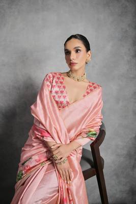 Peach Multi color lotus flower Printed work Tussar silk blend saree with Blouse 3