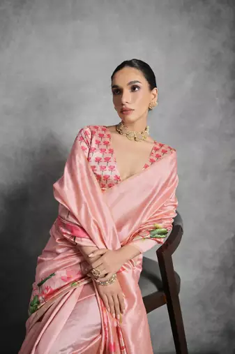 Peach Multi color lotus flower Printed work Tussar silk blend saree with Blouse