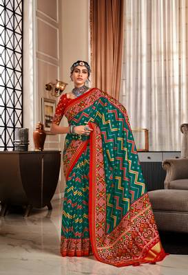 Green & Red Designer Printed Tusser silk blend Patola Saree With Blouse 1