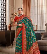 Green & Red Designer Printed Tusser silk blend Patola Saree With Blouse