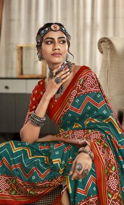 Green & Red Designer Printed Tusser silk blend Patola Saree With Blouse 2