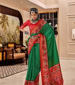 Green & Red Designer Printed Tusser silk blend Patola Saree With Blouse
