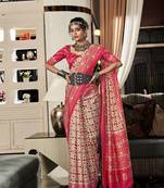 Cream & Pink Designer Printed Faux Tussar silk blend Patola Saree With Blouse