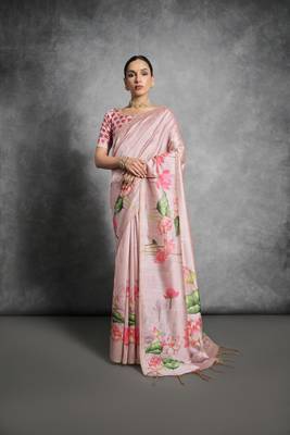 Pink Multi color lotus flower Printed work Tussar silk blend saree with Blouse 1