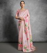 Pink Multi color lotus flower Printed work Tussar silk blend saree with Blouse