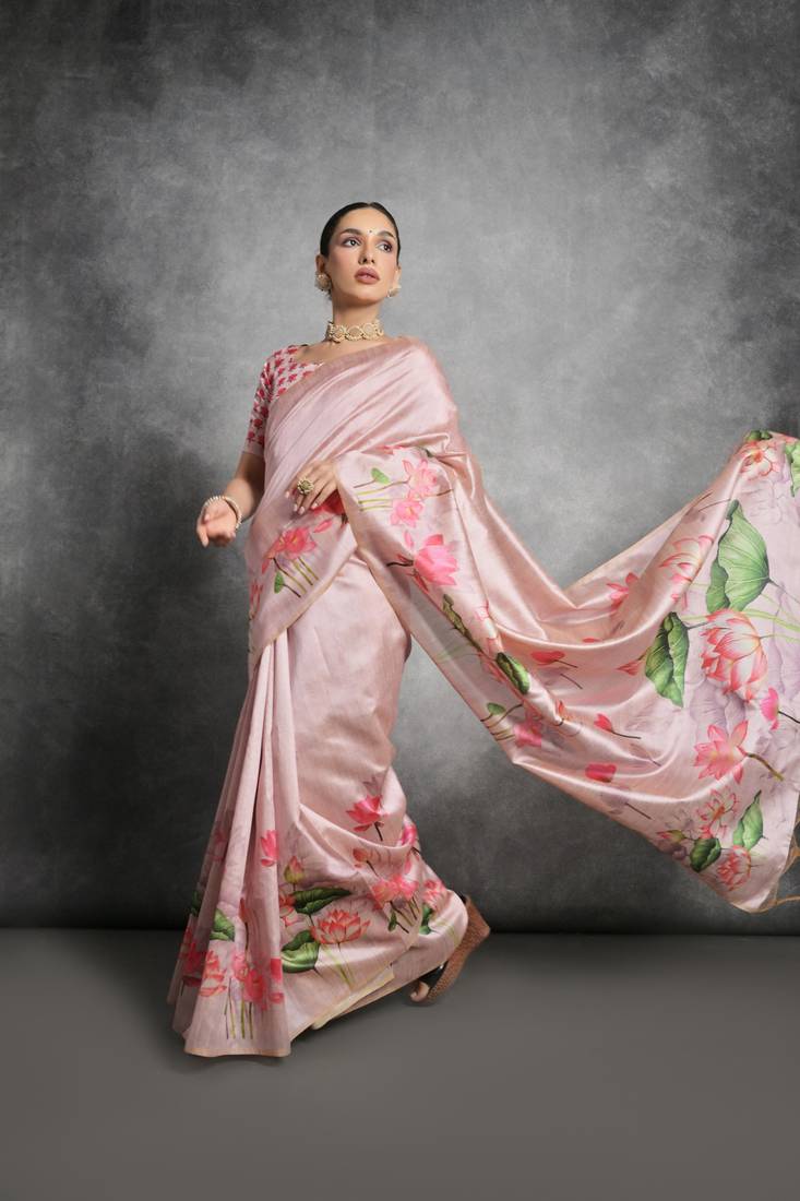 Pink Multi color lotus flower Printed work Tussar silk blend saree with Blouse