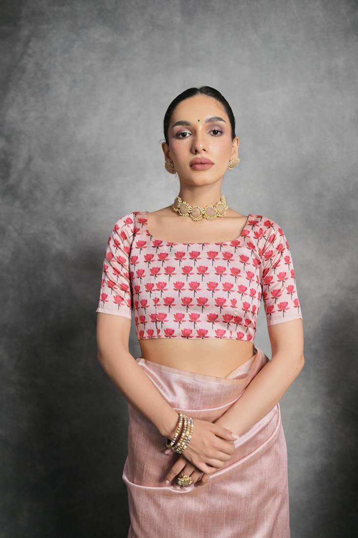 Pink Multi color lotus flower Printed work Tussar silk blend saree with Blouse