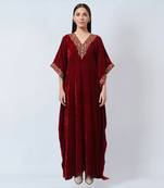 Red embroidered silk velvet full length kaftan
