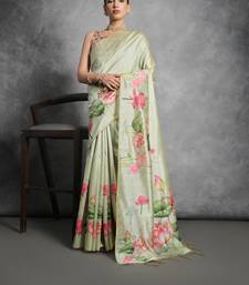 Pista Multi color lotus flower Printed work Tussar silk blend saree with Blouse