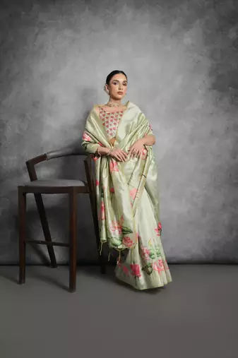 Pista Multi color lotus flower Printed work Tussar silk blend saree with Blouse