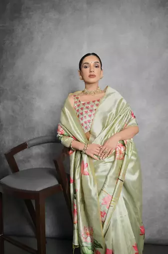 Pista Multi color lotus flower Printed work Tussar silk blend saree with Blouse