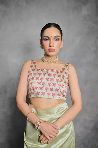 Pista Multi color lotus flower Printed work Tussar silk blend saree with Blouse