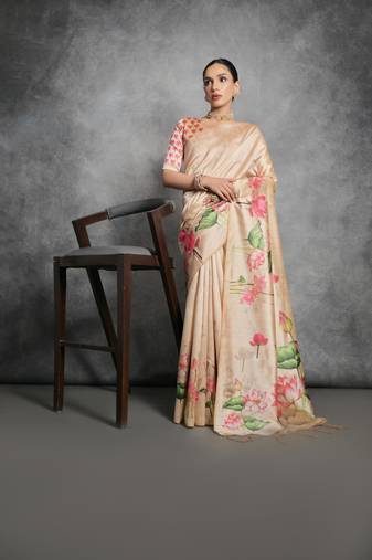 Yellow Soft Tussar Silk with Lotus Print On Pallu And Border With Claasic Printed With Blouse For Women