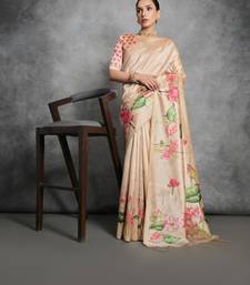 Yellow Soft Tussar Silk with Lotus Print On Pallu And Border With Claasic Printed With Blouse For Women