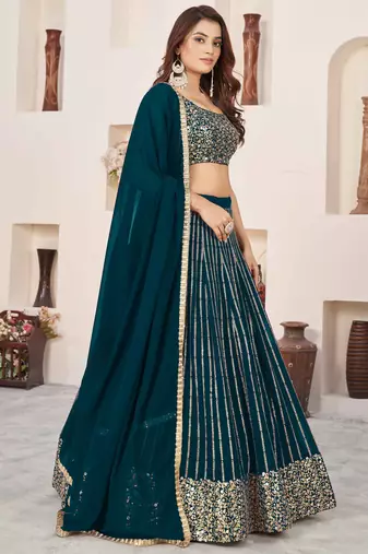 green georgette lehenga set choli with dupatta with sequin work