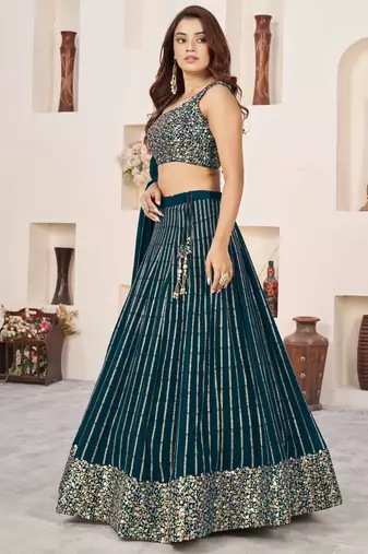 green georgette lehenga set choli with dupatta with sequin work