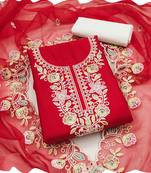 Red cotton women embellished & embroidered unstitched dress material (unstitched 3 piece dress material)