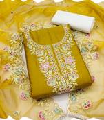 Lemon yellow cotton women embellished & embroidered unstitched dress material (unstitched 3 piece dress material)