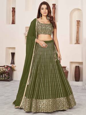  olive sequins georgette lehenga set choli with dupatta 1