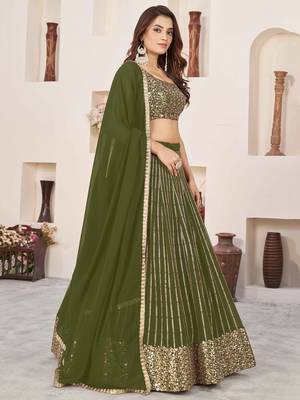  olive sequins georgette lehenga set choli with dupatta 2