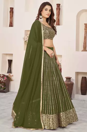  olive sequins georgette lehenga set choli with dupatta