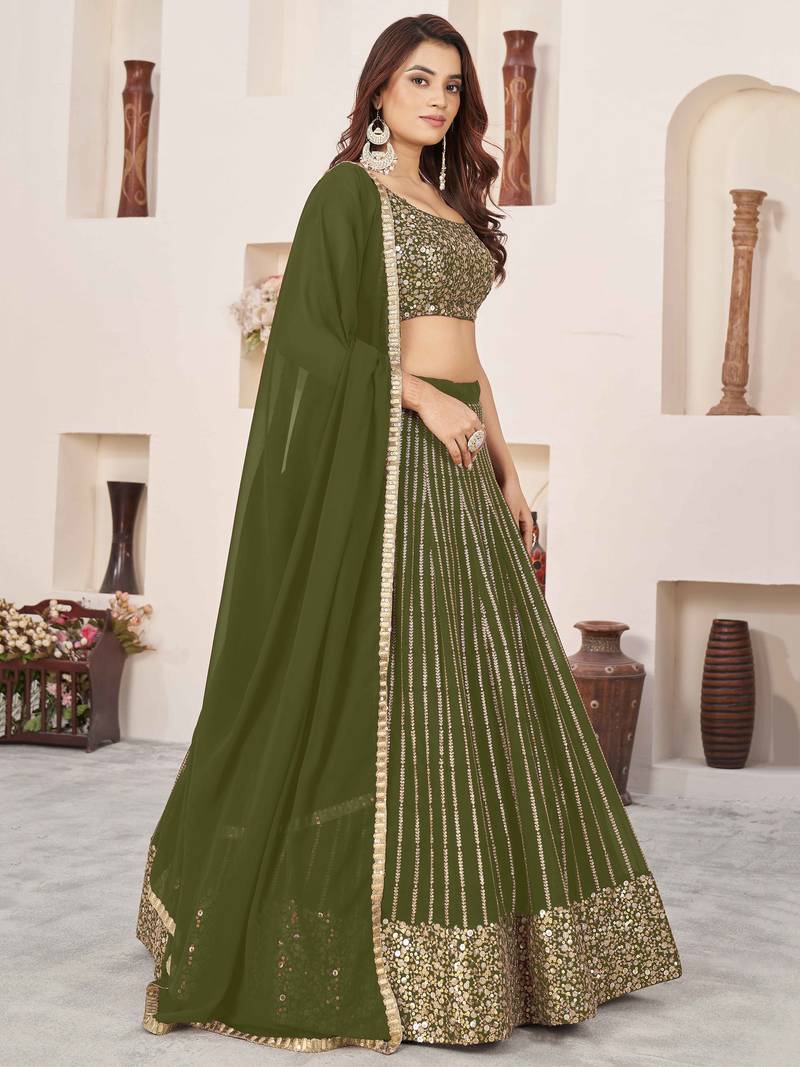 Fabulous Olive Sequins Georgette Reception Wear Lehenga Choli