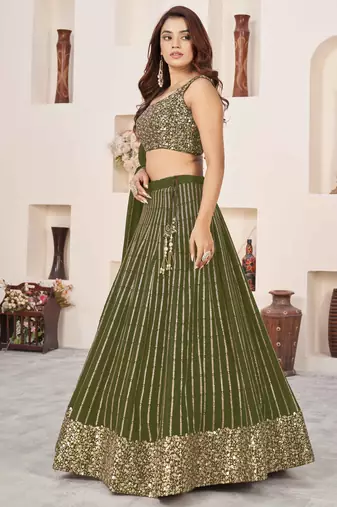  olive sequins georgette lehenga set choli with dupatta