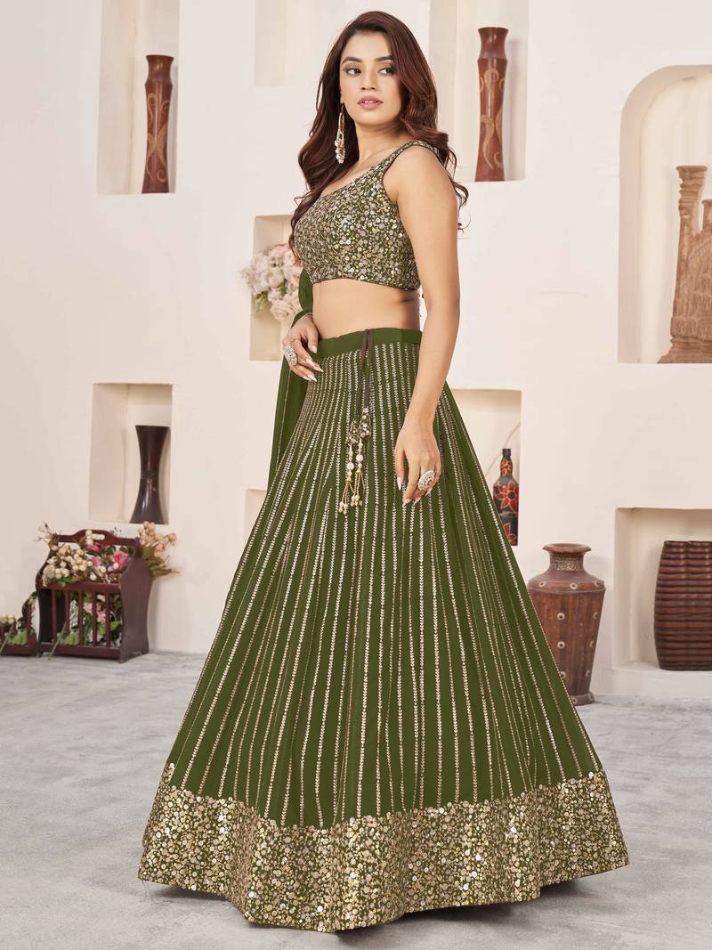 Fabulous Olive Sequins Georgette Reception Wear Lehenga Choli