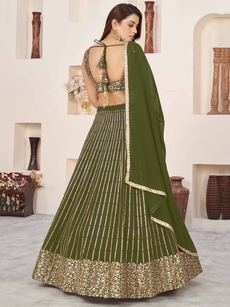 Fabulous Olive Sequins Georgette Reception Wear Lehenga Choli