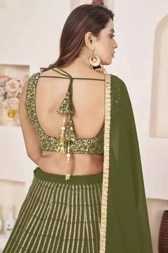  olive sequins georgette lehenga set choli with dupatta