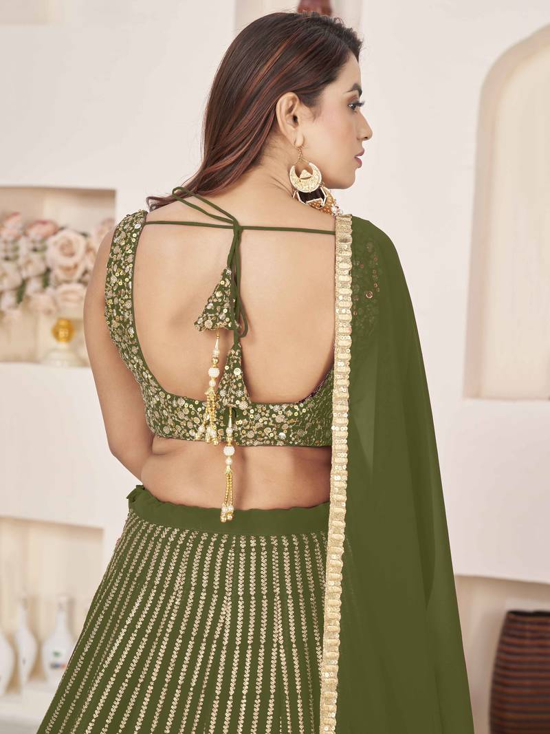 Fabulous Olive Sequins Georgette Reception Wear Lehenga Choli