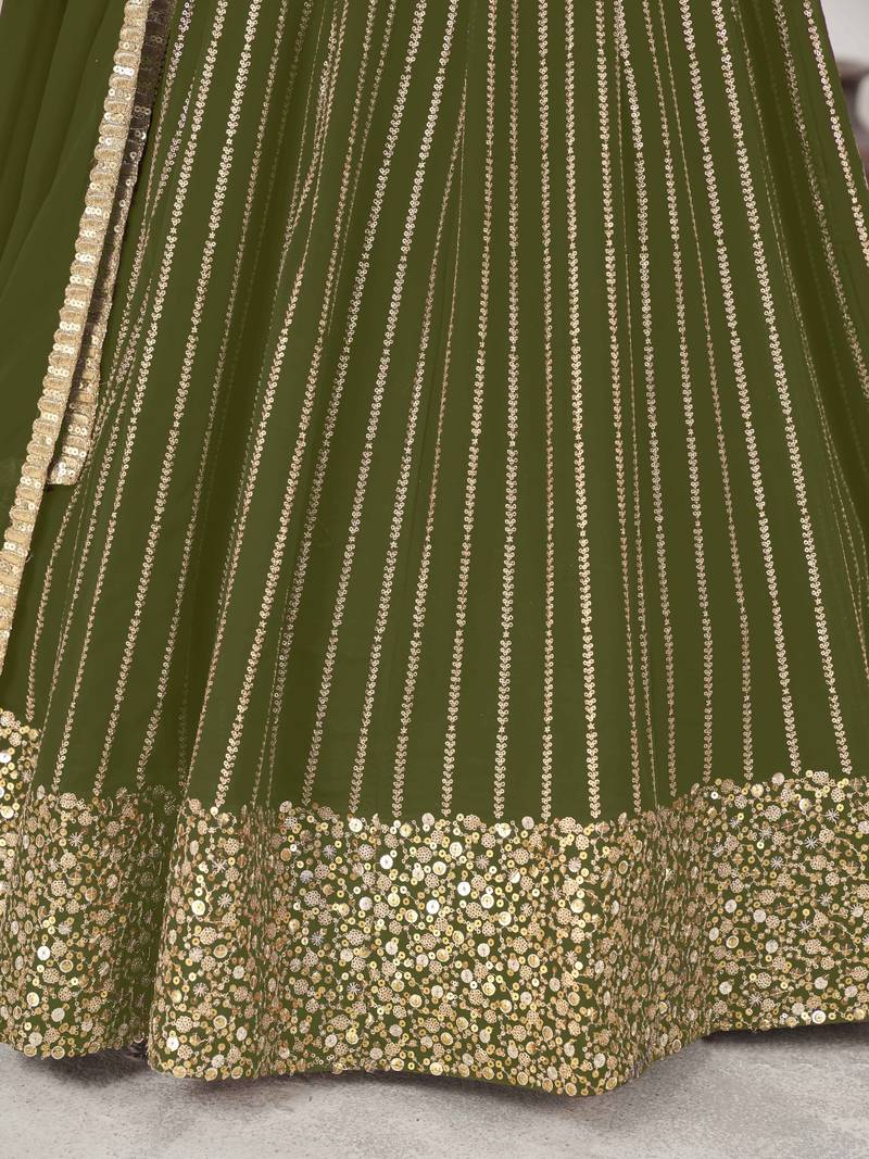 Fabulous Olive Sequins Georgette Reception Wear Lehenga Choli